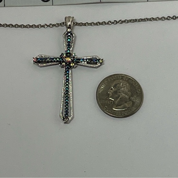 Silver Tone Cross Pendant Necklace with Blue and Clear Rhinestones - Picture 5 of 7
